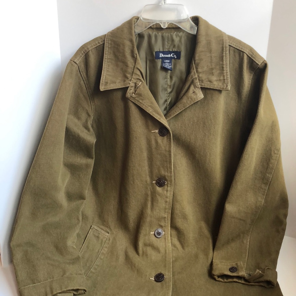 Denim & Co long heavyweight olive green denim jacket size Large